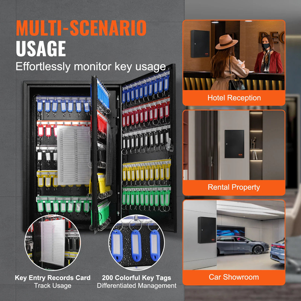 Key cabinet storage unit shown in various professional settings like hotel receptions, offices, and car showrooms.