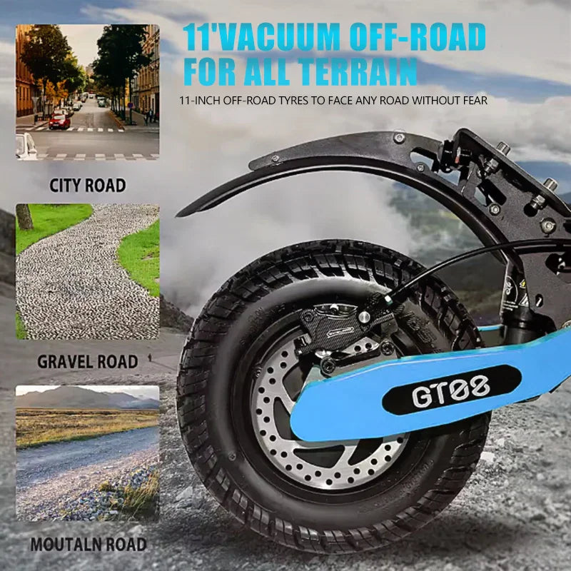 Electric scooter off-road tire detail with examples of city, gravel, and mountain road surfaces