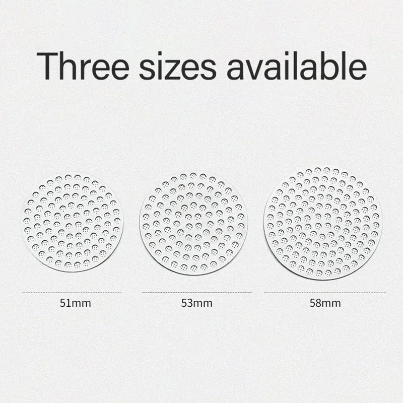 Three different sizes of stainless steel coffee puck screens labelled 51mm, 53mm, and 58mm