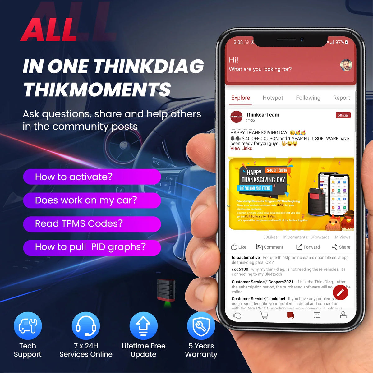 Mobile phone showing community forum app for vehicle diagnostics and support.