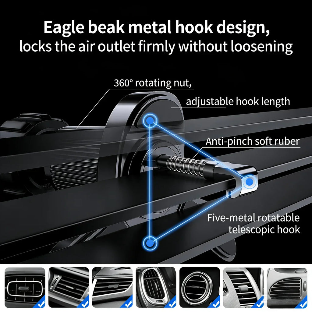 Magnetic car phone mount featuring a metal hook design for various air vents