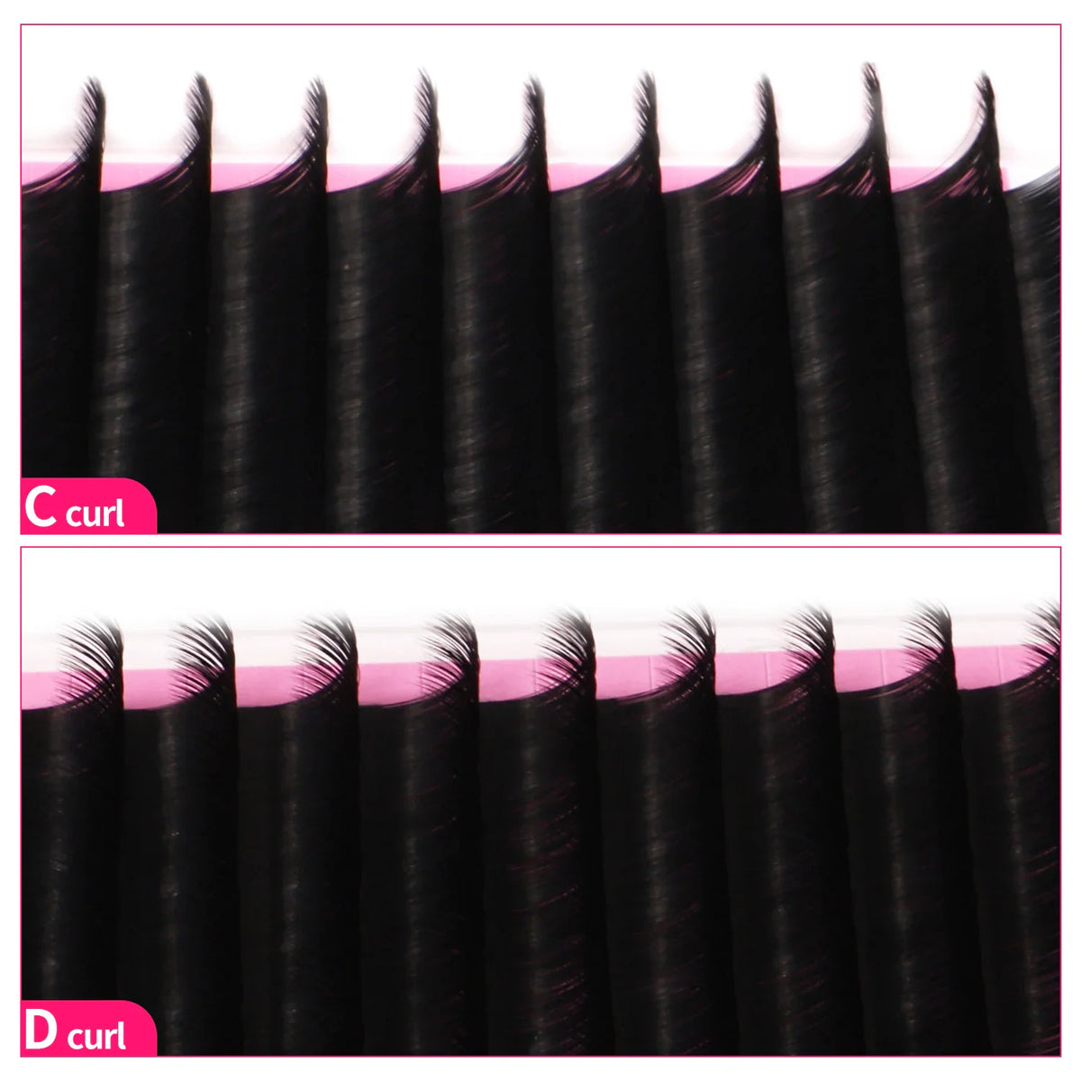 Comparison of C curl and D curl black eyelash extension fibers on a pink strip