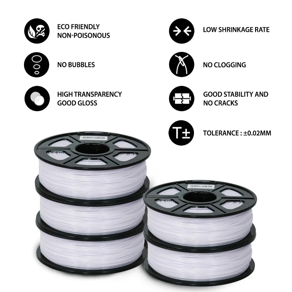 Several white 3D printer filament spools with various performance icons and text