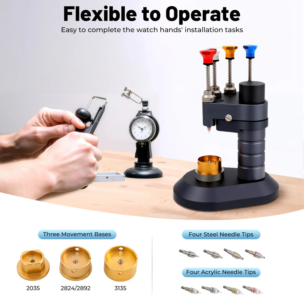 A watch hand installation tool with various movement bases and needle tips for horological repair.