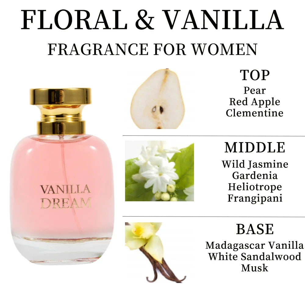 Vanilla Dream women's eau de parfum bottle with notes of pear, red apple, clementine, jasmine, gardenia, and vanilla
