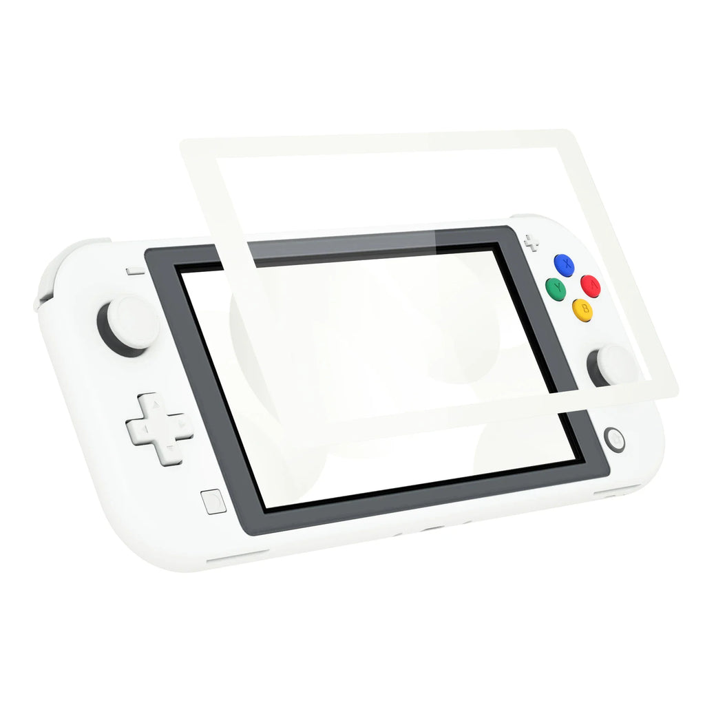 White replacement housing shell for handheld game console with screen protector overlay