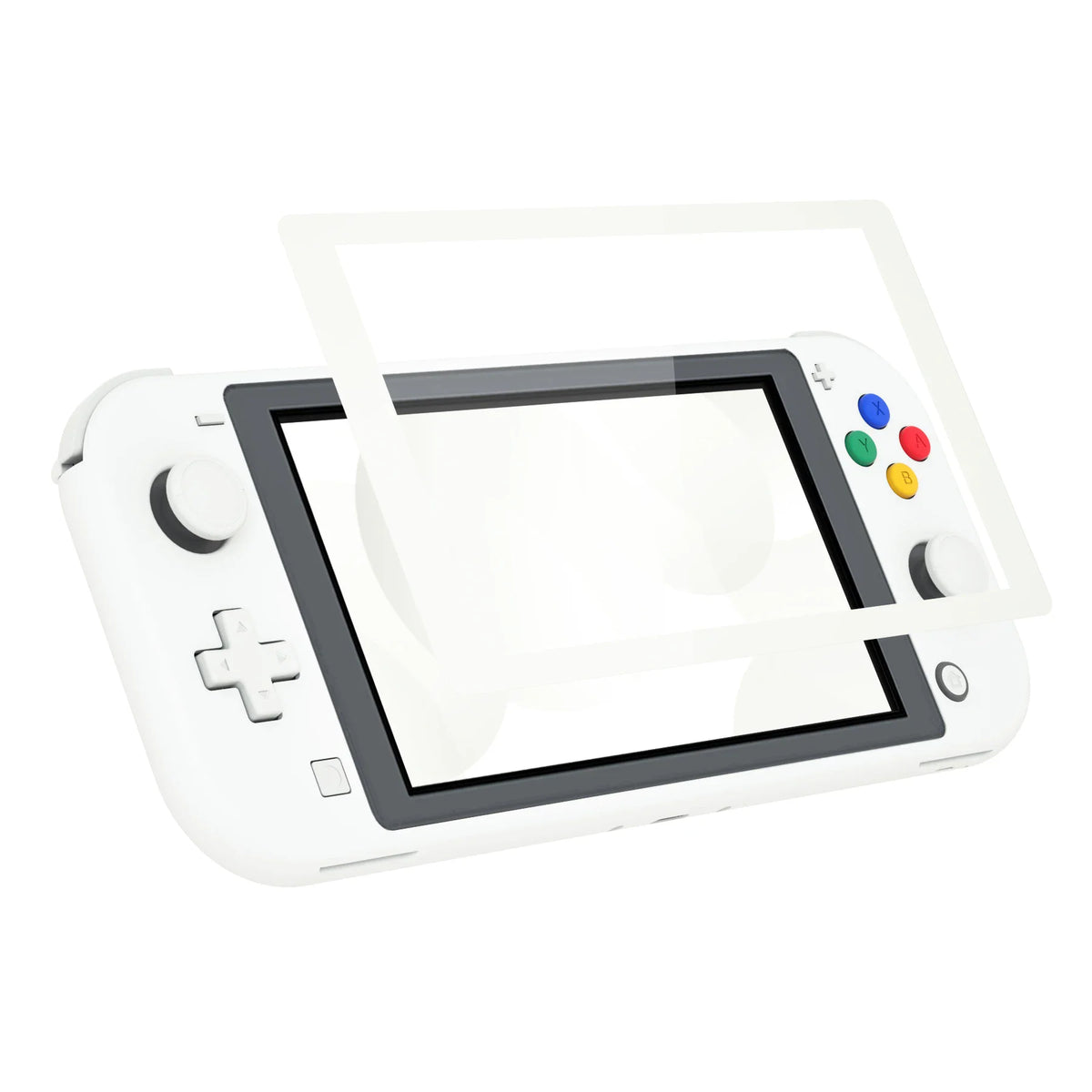 White replacement housing shell for handheld game console with screen protector overlay