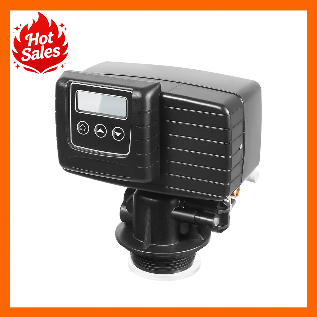 Digital control valve for a home water softener system with a black casing and an LCD screen