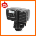 Digital control valve for a home water softener system with a black casing and an LCD screen