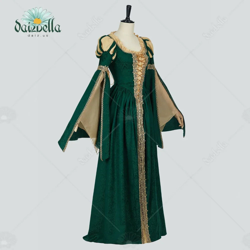 Side view of a green and beige renaissance dress with wide sleeves and lacing