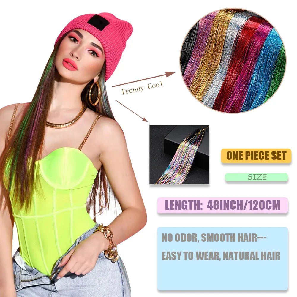 A model wearing glitter hair tinsel extensions with text overlays and product feature labels.