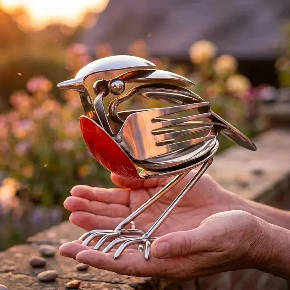Stainless steel robin figurine made from cutlery being held in a person's hands