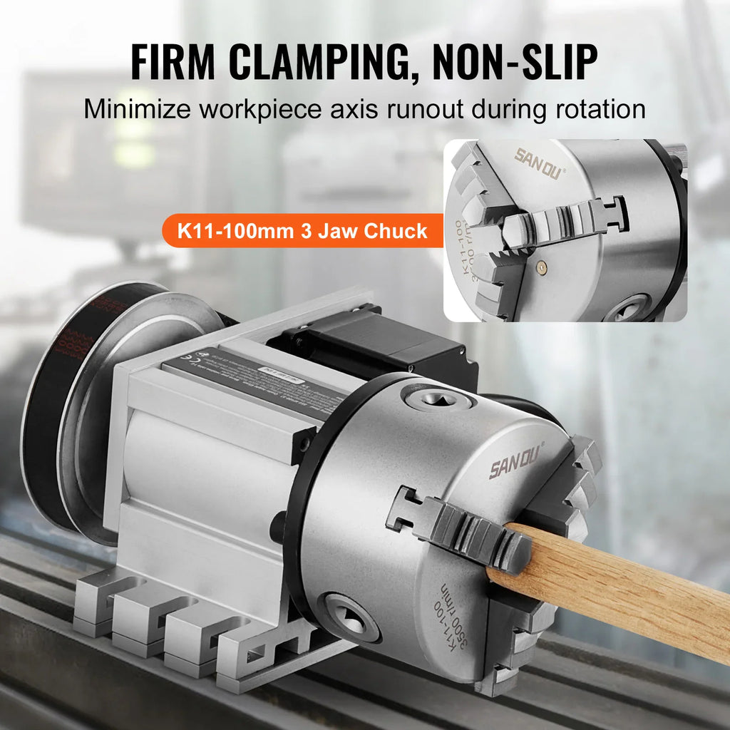 3-jaw chuck clamping a wooden dowel showing firm grip for workpiece rotation