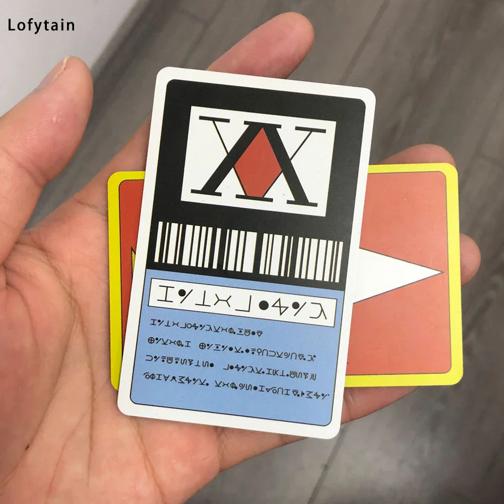 Hand holding two stacked anime-inspired cosplay license cards with black and red designs