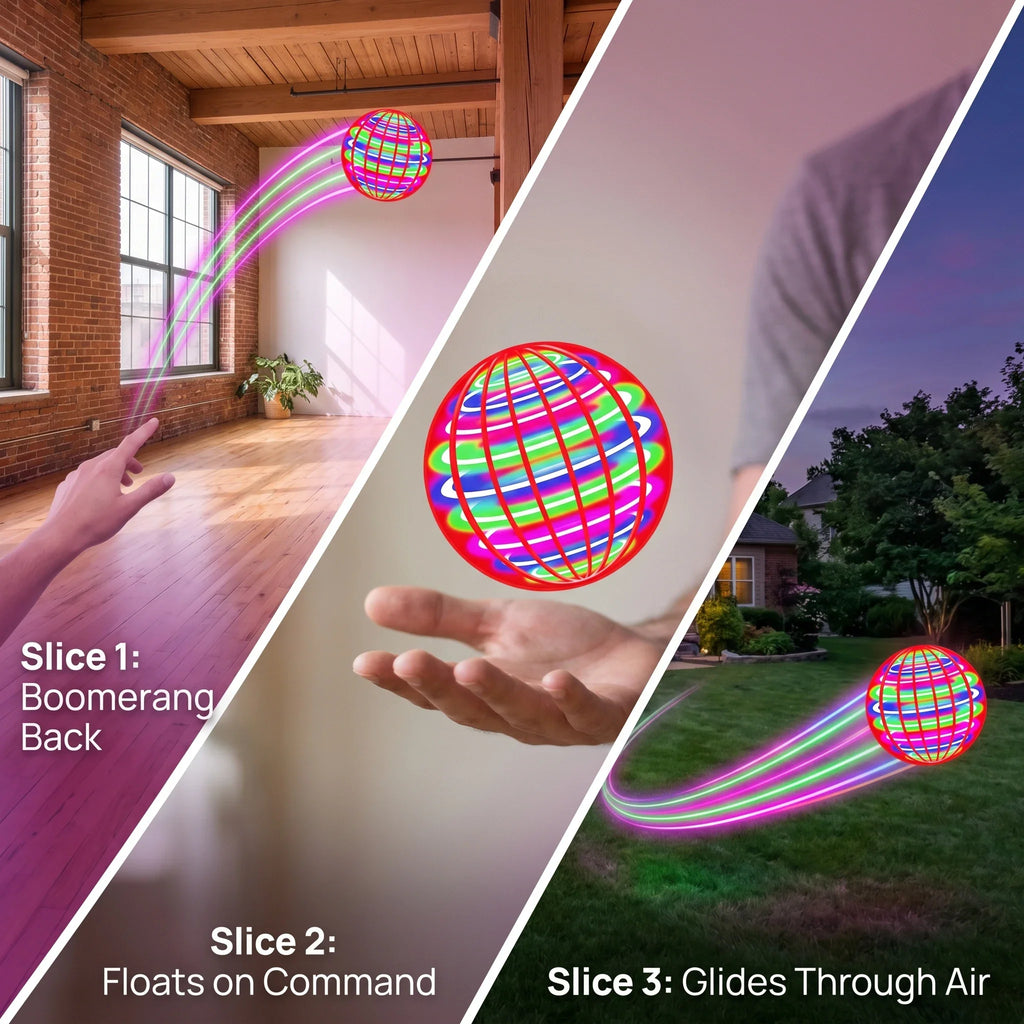 Composite showing three ways to play with a flying LED ball toy