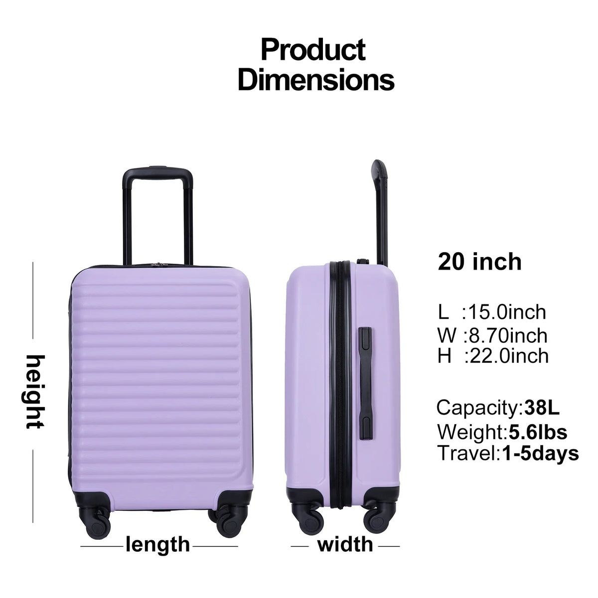 Product dimensions and capacity specifications for a 20-inch carry-on luggage