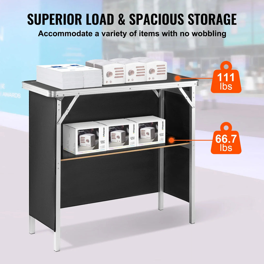 Folding bar table with storage shelf displaying weight capacity specifications
