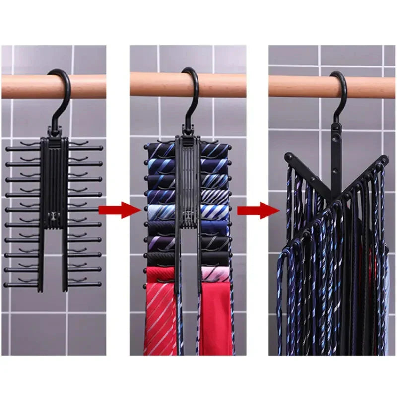A series of images showing how to unfold and use a black rotating tie hanger rack.