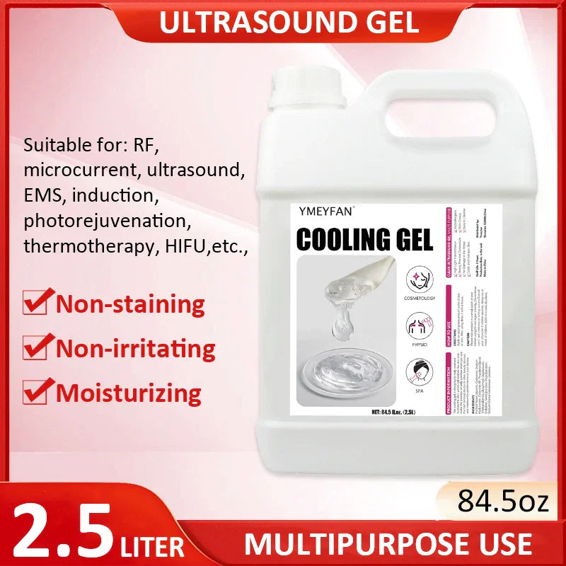 2.5 liter container of ultrasound cooling gel with feature highlights and usage information