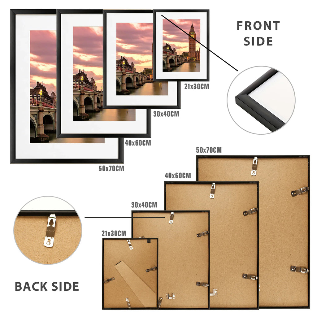 A composite image showing the front and back view of multiple black picture frames in various sizes.