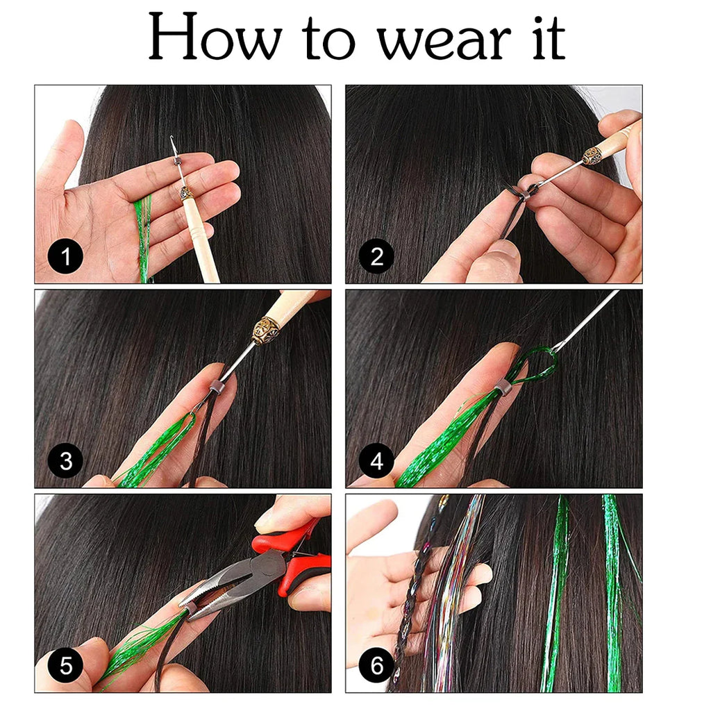 Step-by-step tutorial showing how to attach hair tinsel extensions using a crochet hook and pliers.