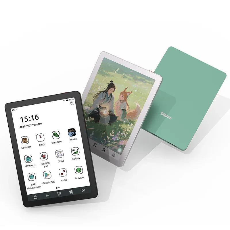 Two e-book readers in white and green, displaying an illustrated home screen.