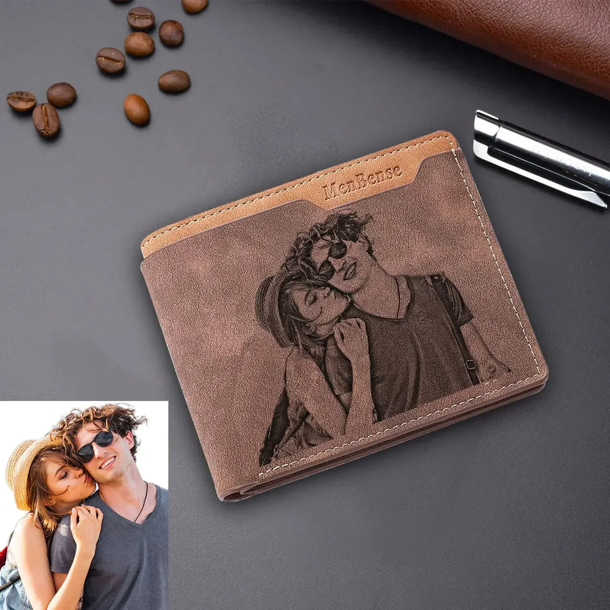 Brown leather custom photo wallet with a reference picture and a pen