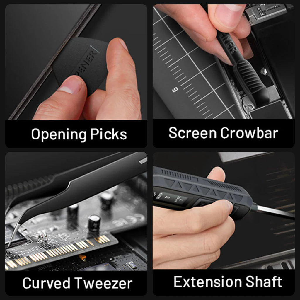 Close-up of various repair tools including opening picks, crowbars, and tweezers from a precision repair kit