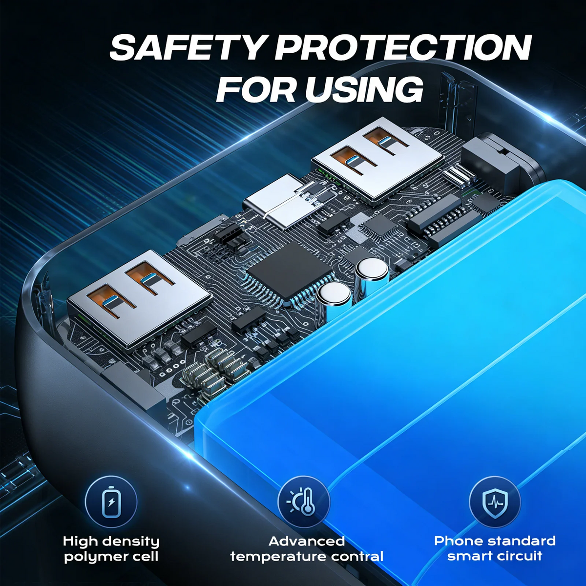 Internal hardware view of a portable power bank showing safety protection features