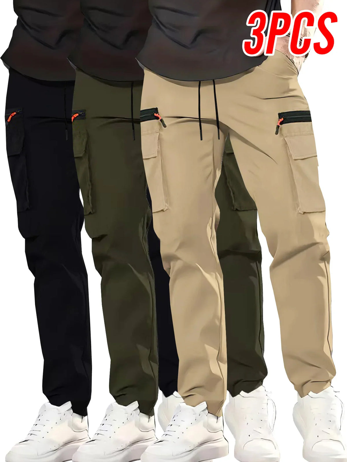 Three pairs of men's cargo pants in black, green, and beige with zippers and side pockets.