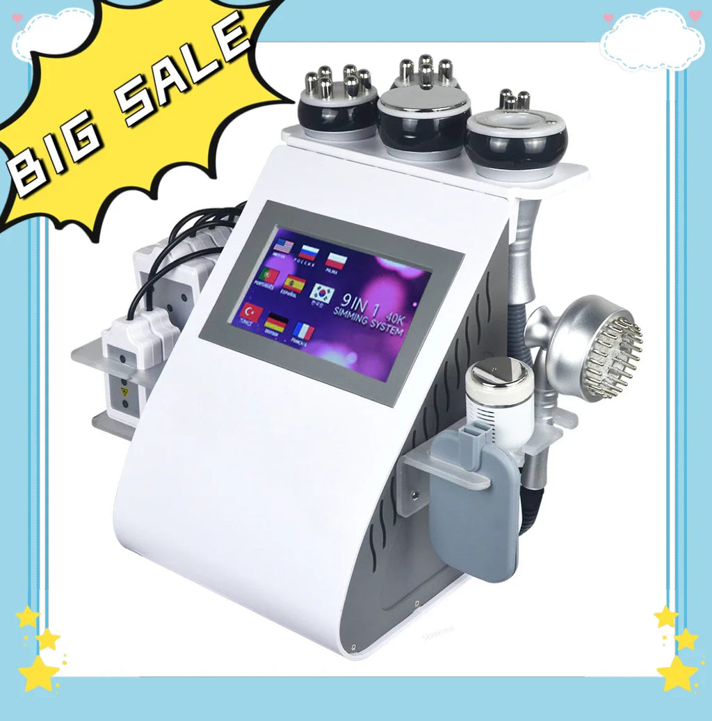 A 9-in-1 ultrasonic body contouring device with multiple heads and a screen display.