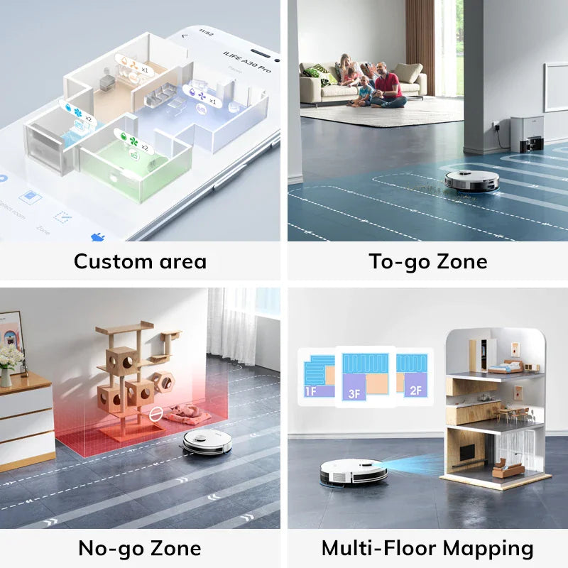 Four-panel collage showing smartphone app cleaning features, zoning, and multi-floor mapping