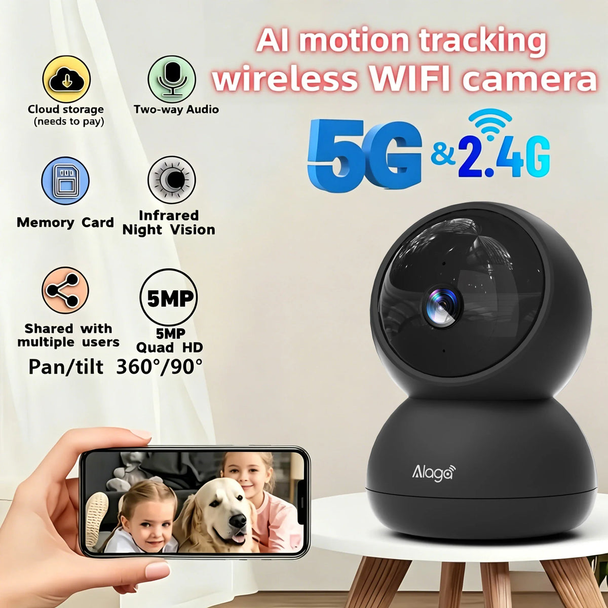 Wireless indoor security camera for pet monitoring and home surveillance with 5G and 2.4G WiFi