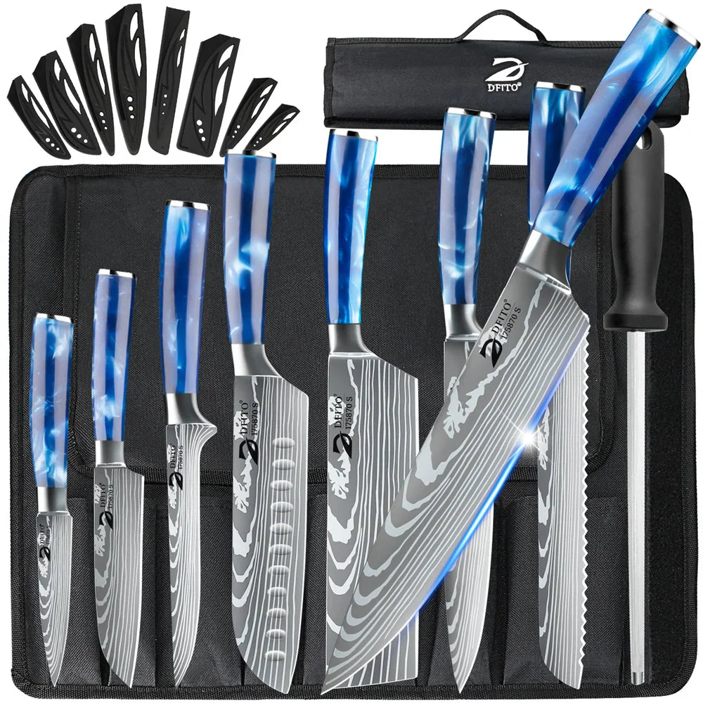 Damascus steel kitchen knife set with blue marble-style handles, blade covers, sharpening rod, and storage roll.