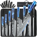 Damascus steel kitchen knife set with blue marble-style handles, blade covers, sharpening rod, and storage roll.