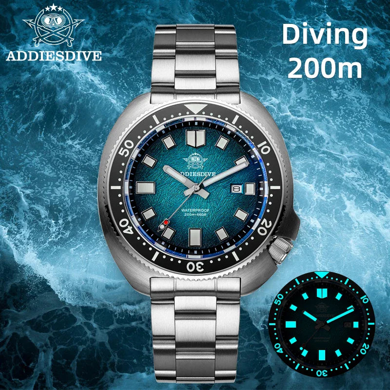 Diver watch with textured blue dial and glowing luminous detail