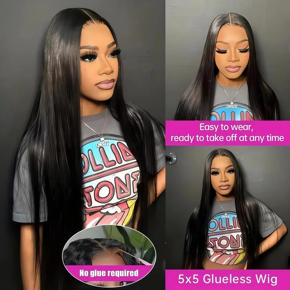 Model wearing a straight black glueless wig