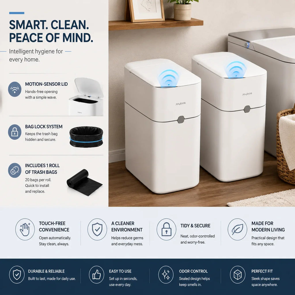 Two white slim touchless bathroom trash cans placed in a modern home interior