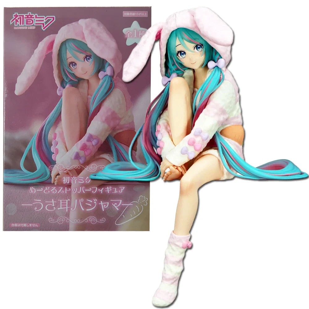 Hatsune Miku anime noodle stopper figure wearing a pink bunny ear pajama hoodie