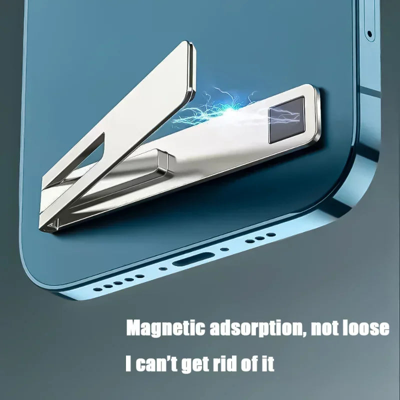 A silver foldable magnetic phone stand attached to the back of a blue smartphone.
