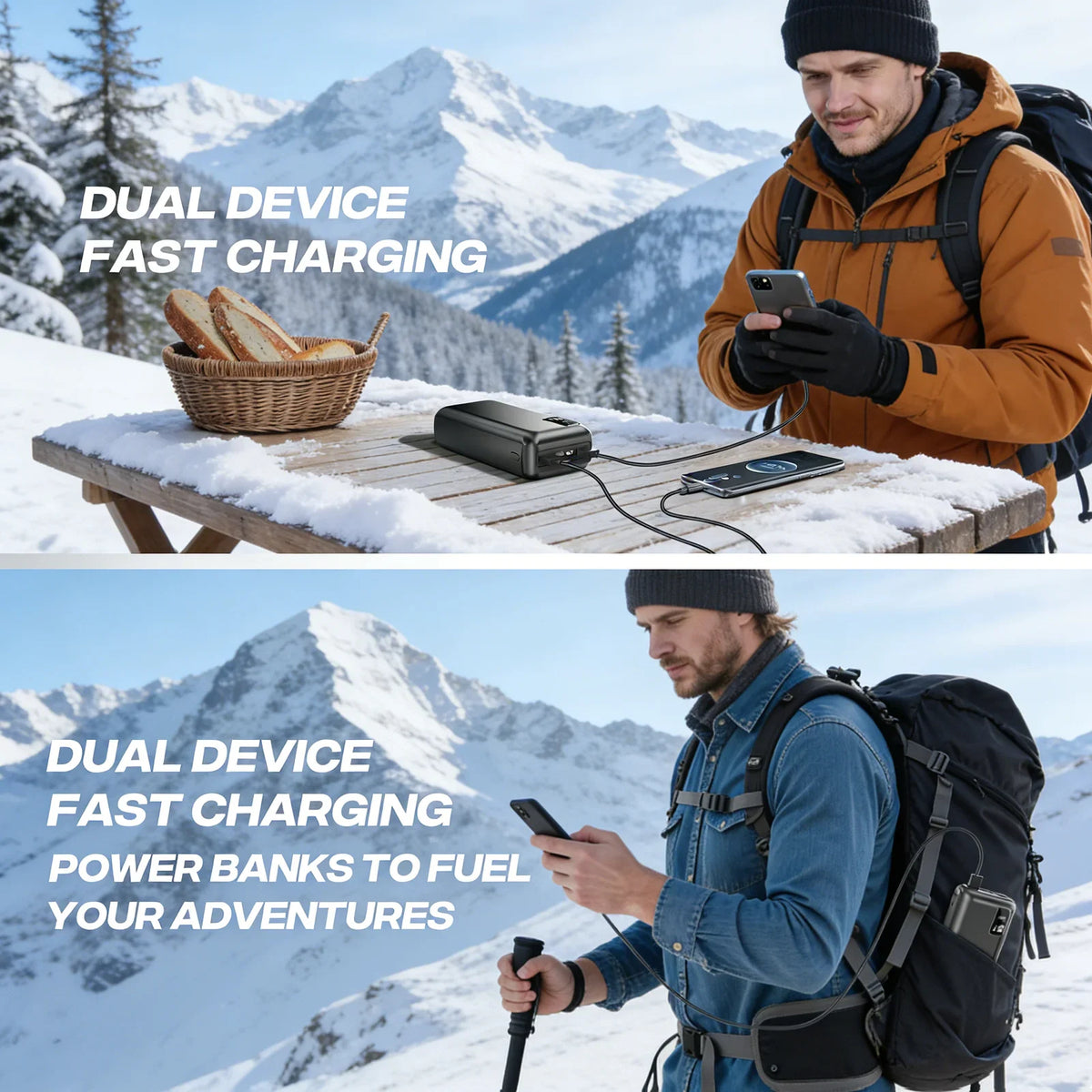 Outdoor lifestyle shot showing a hiker charging devices with a portable power bank