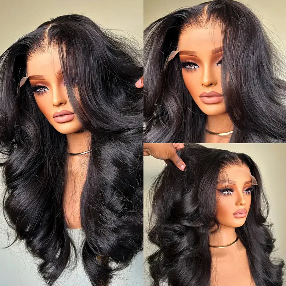 A collage showing a mannequin head wearing a long black wavy lace front wig from different angles.