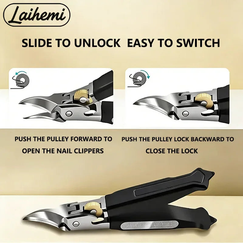 Instructional diagram showing how to unlock and lock the gear mechanism on a nail clipper.
