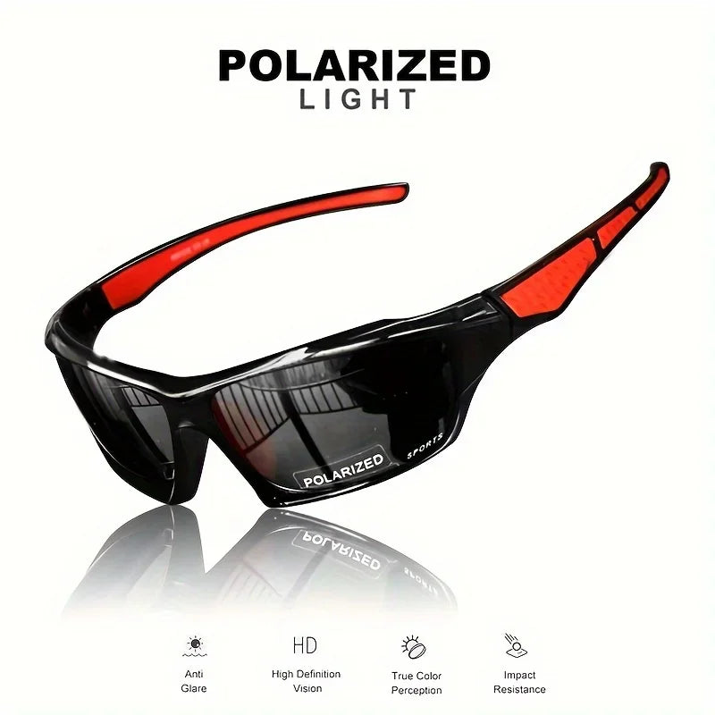 Polarized sports sunglasses with text labels describing features like anti-glare and impact resistance.