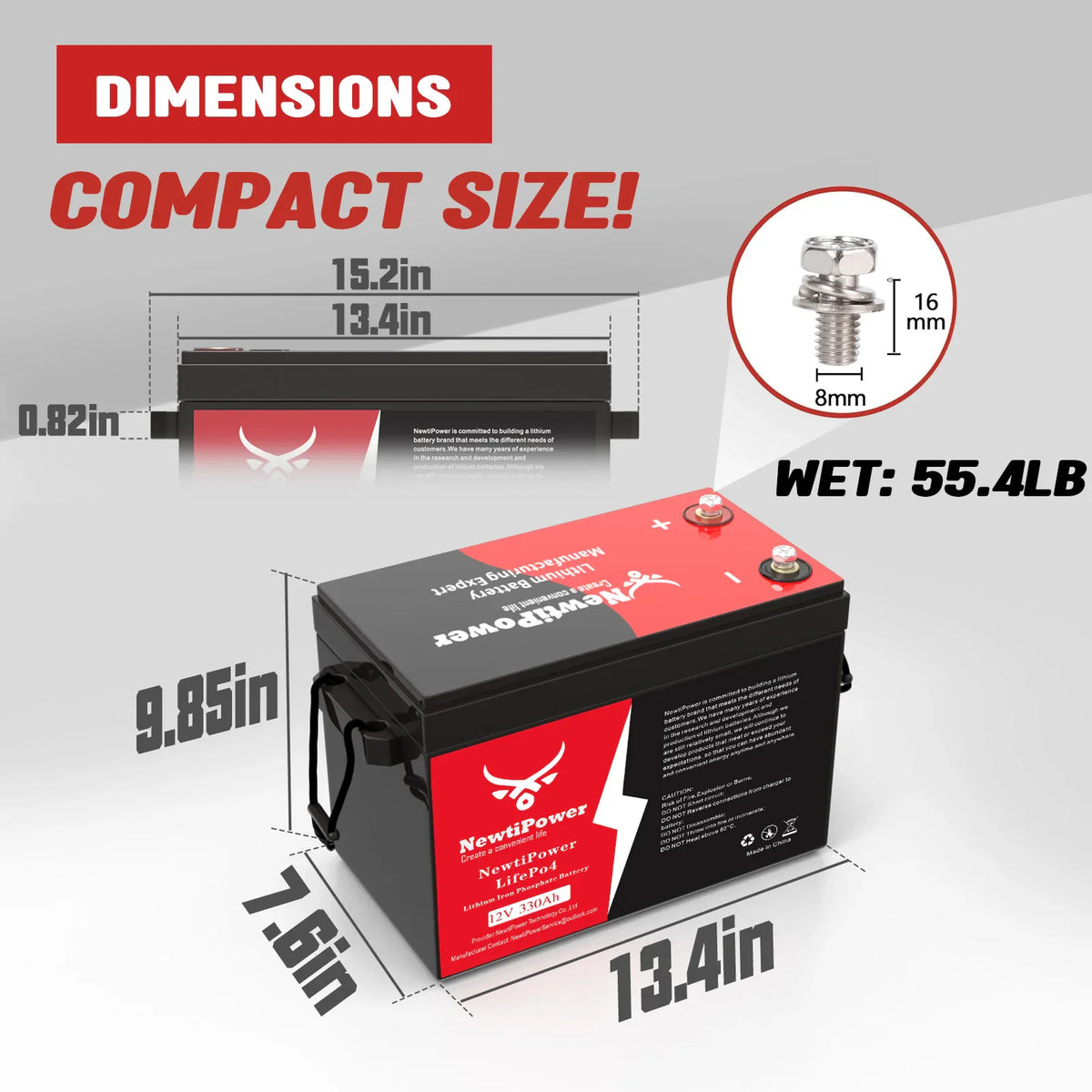 12V 330Ah lithium battery showing technical dimensions and weight with bolt specifications.