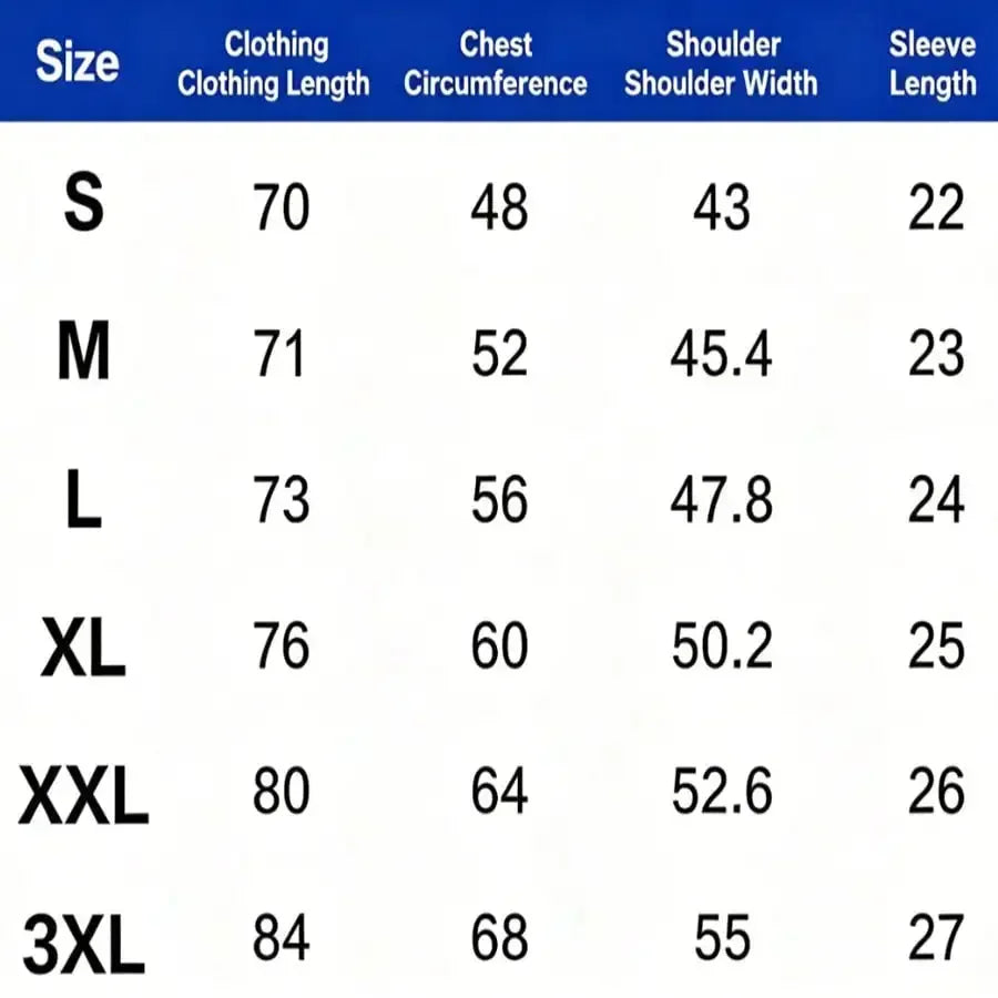 A size guide chart with measurements for a t-shirt in centimeters.