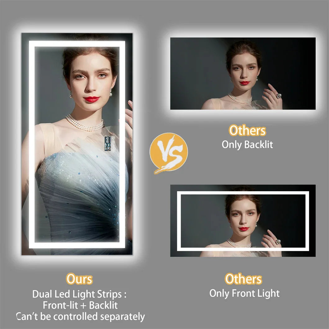 Comparison of mirror lighting types showing front-lit, backlit, and dual-lit LED bathroom mirrors