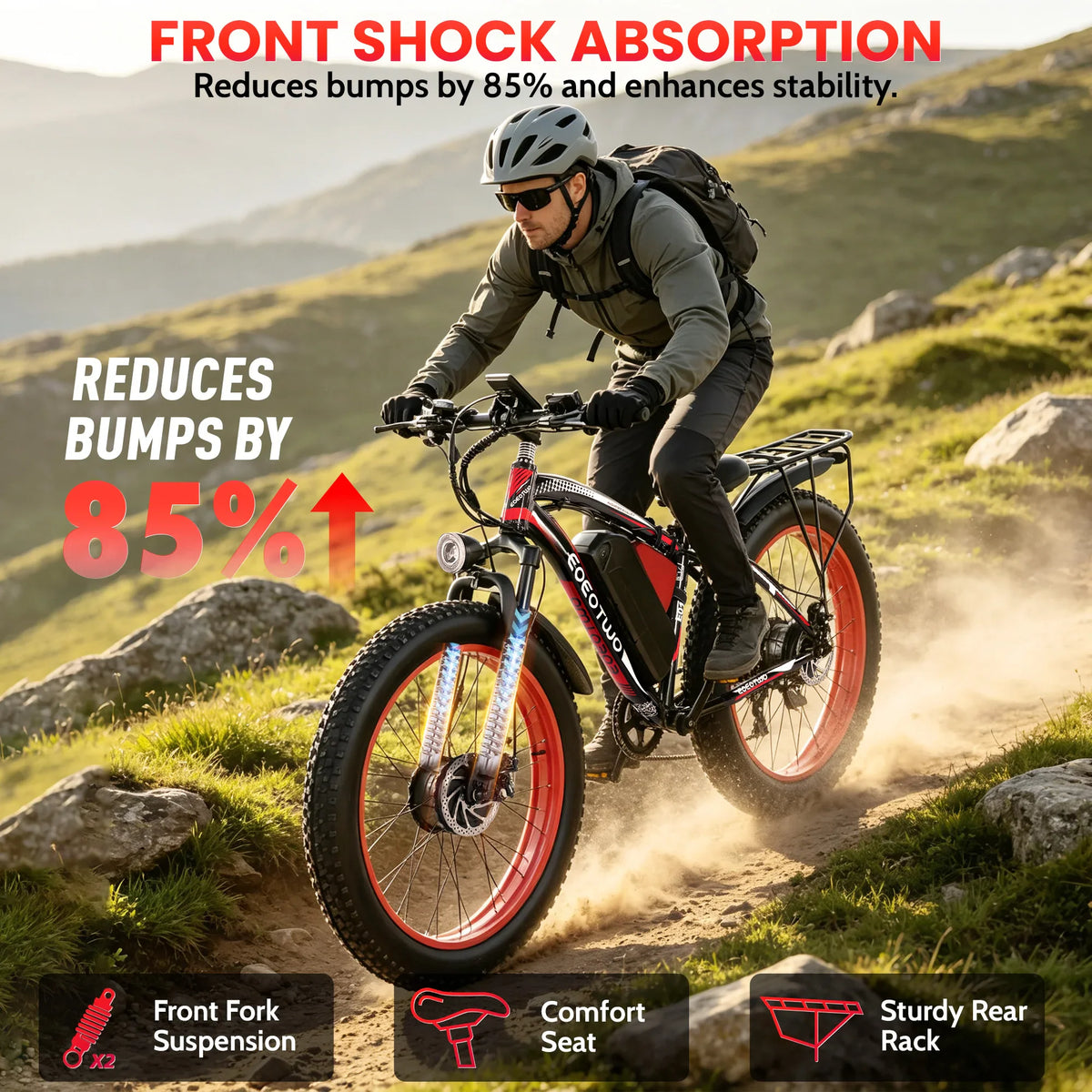 Man riding an electric mountain bike with front shock absorption and component labels.