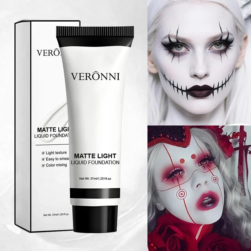 White liquid foundation in a tube with packaging, shown with people wearing halloween-style makeup.