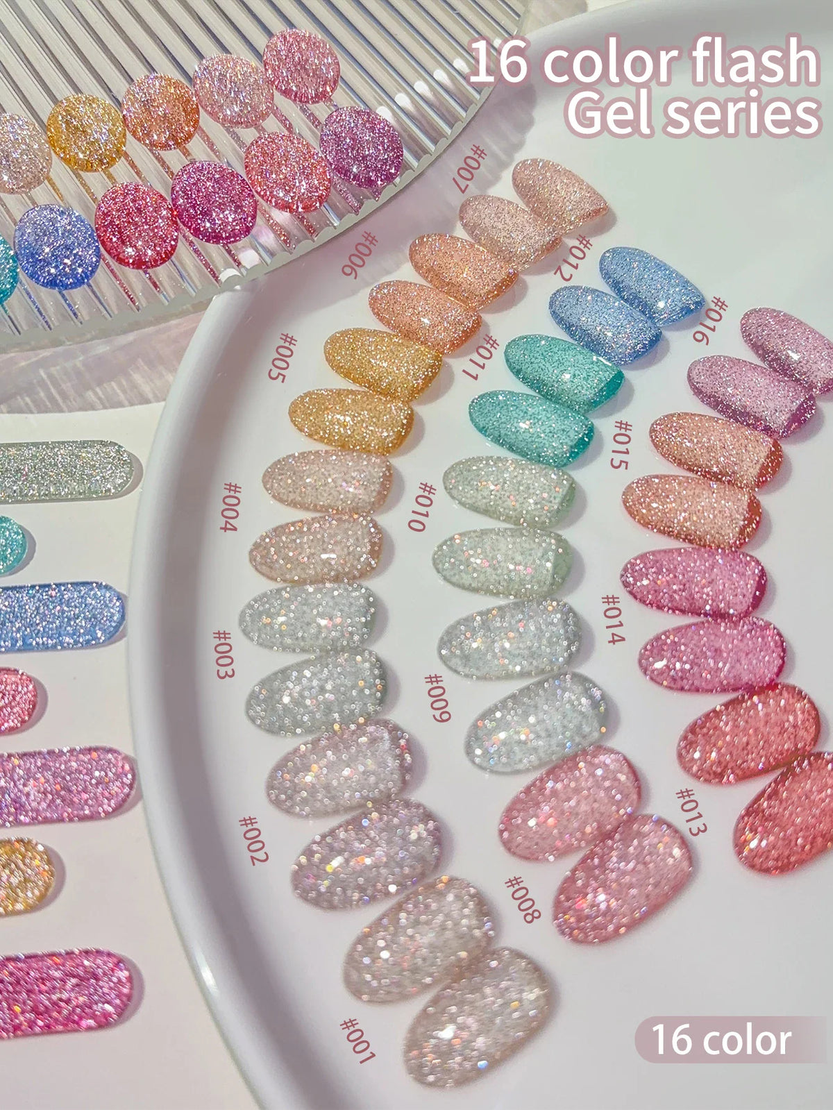 A collection of 16 different colors of glittery gel nail polish samples on a display.